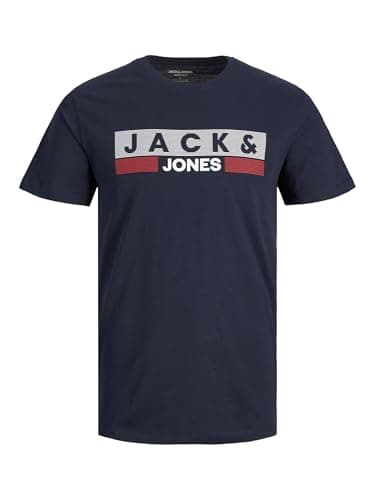 Image of Jack & Jones Men's Logo Tee Plus Size Crew Neck Short Sleeve Oversized T-Shirt JJECORP, Colours:Dark Blue-2, Size:5XL