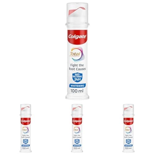 Image of Colgate Total Active Prevention Teeth Whitening Toothpaste 100ml Pump Fights Root Causes of Many Oral Health Problems 24h Antibacterial Protection clinically Proven Patented Technology (Pack of 4)