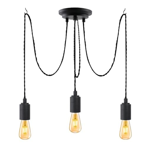 Image of JIAHUA 3Lights Black Industrial Pendant Light Fitting,Multiple Spider Ceiling Pendant Lamp Chandelier with Adjustable 3M Twisted Braided Cable E27 Lamp Holder