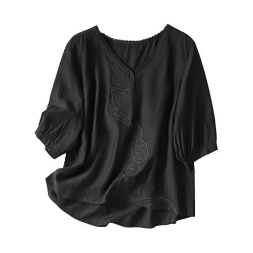 Image of Linen Shirt Women Bohemian Long Sleeve Ethnic Style Cotton Linen Tops Summer Floral Embroidered Oversized Blouse Basic Long Sleeve Shirts Baggy Top Retro Blouses Swing Tops(Black, XXL)