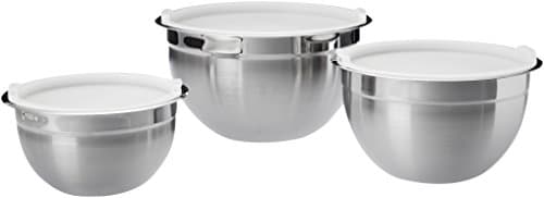 Image of Amazon Basics Stainless Steel 3-Piece Round Mixing Bowl Set, Silver & White