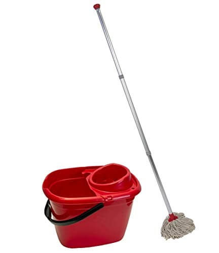 Image of Abbey Professional Mop and Bucket Set Heavy Duty with Wringer and Two Traditional Cotton Mop Heads for Cleaning Floors – Strong Aluminum Mop Handles – Mop Bucket Capacity 12L with Pouring Lip (Red)