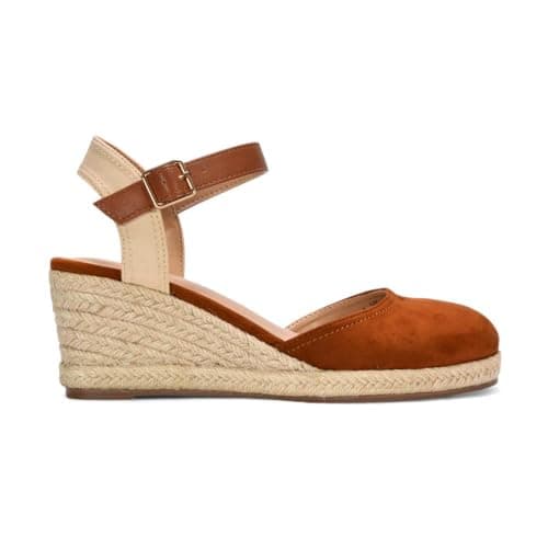 Image of Women's Ankle Strap Wedge Ladies Platform Espadrille Tan Closed Toe Buckle Shoes Size 6