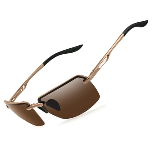 Image of Bircenpro Classic Polarised Sunglasses for Men: Rimless UV Protection Sun Glasses with Al-Mg Frame for Driving Traveling Brown Lens