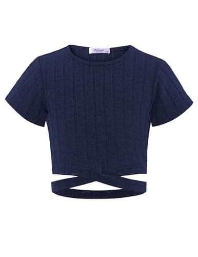 Image of Arshiner Girls T-Shirts Crop Top Kids Summer Short Sleeve Solid Color Round Neck Shirt Casual Fashion Tee Shirt for Girls 9-10 Years Navy Blue