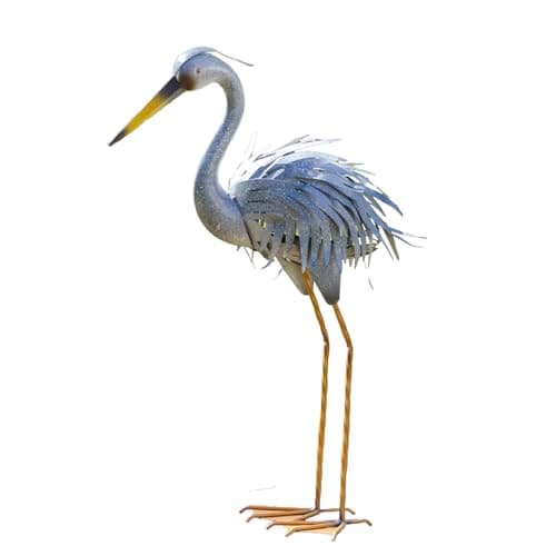 Image of Darthome Grey Metal Heron Garden Ornament, Tall Bird Statue for Outdoor Pond Decor, 78cm, Realistic Layered Feather Detail