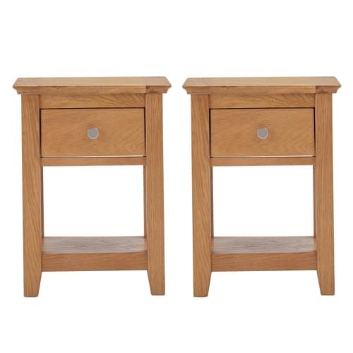 Image of Hallowood Furniture Hereford Set of 2 Small Oak Lamp Table with Drawer and Lower Shelf, Wooden Side Table, Light Oak Plant Stand, Hallway, Living Room and Bedroom Furniture Set, Fully Assembled