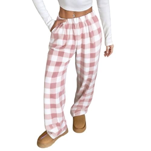 Image of Pyjama Bottoms Womens Soft Fleece Plaid Pyjama Bottoms Elastic Waist Wide Leg Sleepwear Pants Baggy Loungewear Winter Warm Pj Bottom with Pockets(A-Pink,M)