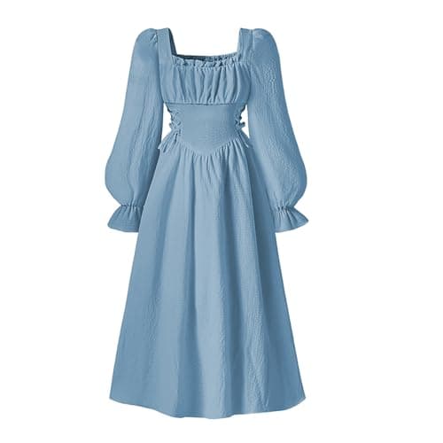 Image of SoLu DAY8 Trendy Dresses for Kids Girls Long Sleeve Ruffle Pleated Comfortable Cute Classy DDance Party Casual Childrens Teens Dress (Blue, 10-11 Years)