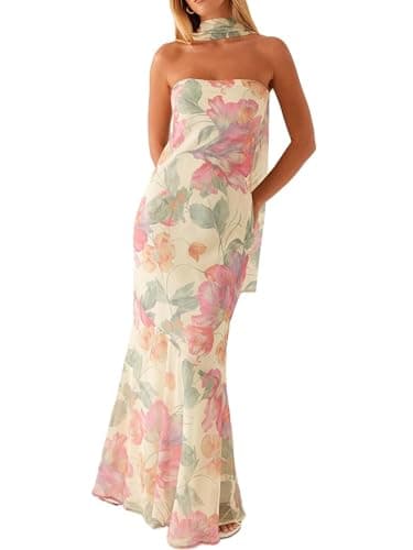 Image of LYSINK Women Summer Floral Strapless Dress Sexy Sleeveless Backless Maxi Dress Y2k Mesh Bodycon Tube Sundress with Scarf (A-a-Mixed Color, M)