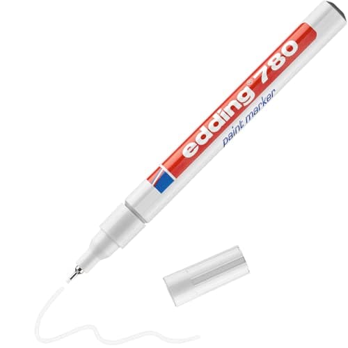 Image of edding 780 paint marker - white - 1 pen - round tip 0.8 mm - paint marker for marking and labelling metal, glass, rocks or plastic - heat-resistant, permanent, smudge-proof and waterproof