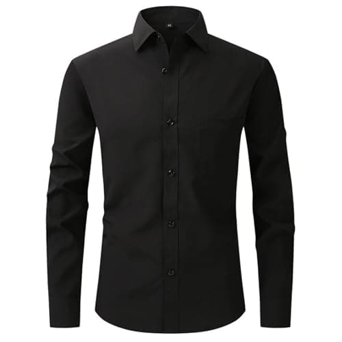 Image of Youkly Mens Shirts Long Sleeve Stretch Dress Shirt Casual Business Formal Wedding Work Shirts Men Button Down White Black Shirts (UK, Alpha, M, Regular, Regular, Black)