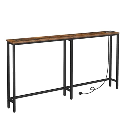 Image of HOOBRO Narrow Console Table with Charging Station, 160 cm Behind Sofa Couch Table, Long Hallway Table, Slim Console Table for Hallway, Entryway, Living Room, Rustic Brown and Black EBF165KXG01