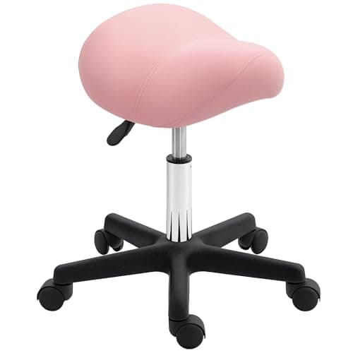 Image of HOMCOM Saddle Stool, PU Leather Adjustable Rolling Salon Chair with Steel Frame for Massage, Spa, Beauty and Tattoo, Pink