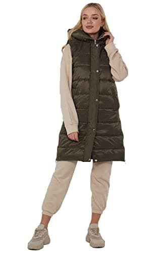 Image of Top Fashion18 Ladies Padded Gilet Longline Hooded Jacket Quilted Winter Wear Long Hooded Side Split Puffer Long Body-Warmer Coat Size 8-18 (S (UK 10), Khaki)