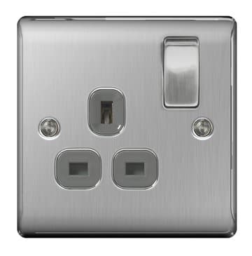Image of BG Electrical NBS21G Nexus Metal Brushed Steel 1 Gang 13A DP Switched Socket c/w Grey Insert