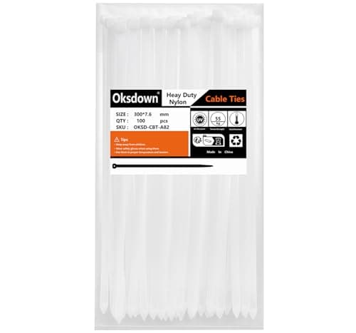 Image of Oksdown 100 Pack White Thick Cable Ties Heavy Duty Large 300mm×7.6mm Strong Nylon Plastic Self Locking 12 inch/30 cm Extra Long Clear Zip Tie Wraps