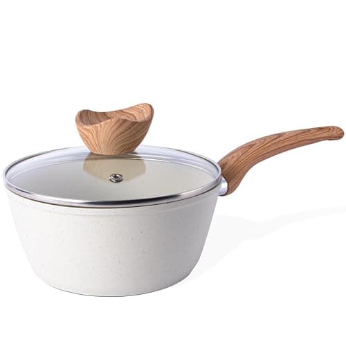 Image of nuovva Non Stick Saucepan with Lid – Induction Small Saucepan – Cream Granite Saute Pan – Small Cooking Pot for Electric, Gas & Induction Hobs – Soup Pan - 16cm