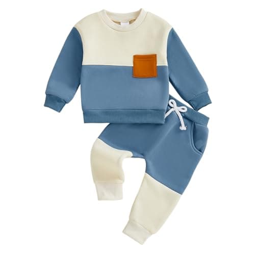 Image of Barbotimer Infant Toddler Baby Boy Autumn Winter Clothing Set Color Block Sweatshirt Long Sleeve Pullover Tops Solid Jogger Pants 2Pcs Tracksuit Set Warm Clothes (Blue, 2-3 Years)