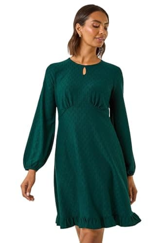 Image of Roman Women Gathered Chest Dress Ladies Stretchy Fit & Flare Swing Tea A Line Skater Knee Length Long Sleeve Midi Smart Casual Work Going Out Cocktail Party - Dark Green - Size 20
