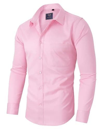 Image of siliteelon Pink Shirt Mens Long Sleeve Stretch Regular Fit with Pocket Dress Formal Shirt Smart Casual Business Wedding Date Party Button Down Plain Shirt for Men Adult L