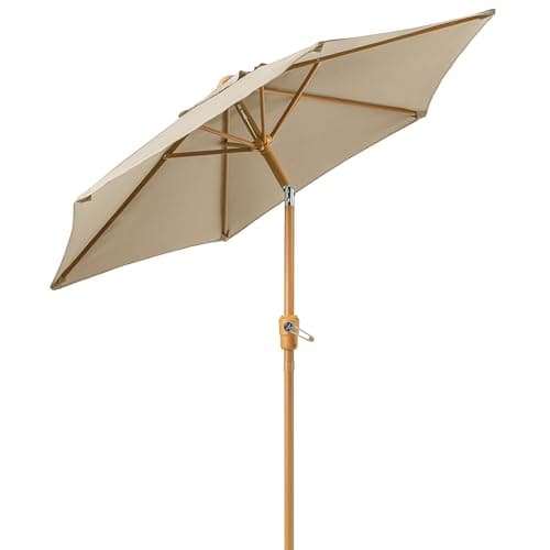 Image of CHRISTOW 2m Tilting Garden Parasol with Crank Handle, 38mm Steel Pole, Wood Effect Finish, Outdoor Sunshade Umbrella, Heavy Duty Polyester, UV30+ Sun Protection, Water Resistant, Air Vent (Taupe)