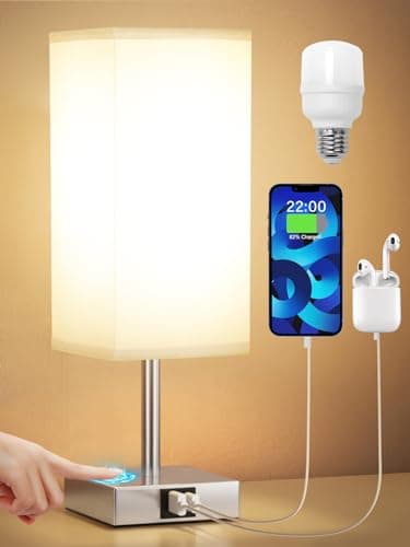 Image of Aooshine Bedside Lamps, Touch Control Table Lamp with USB A+C Charging Ports, Lamps 3 Way Dimmable, for Bedroom Living Room Grey Fabric Shade (LED Bulb Included)