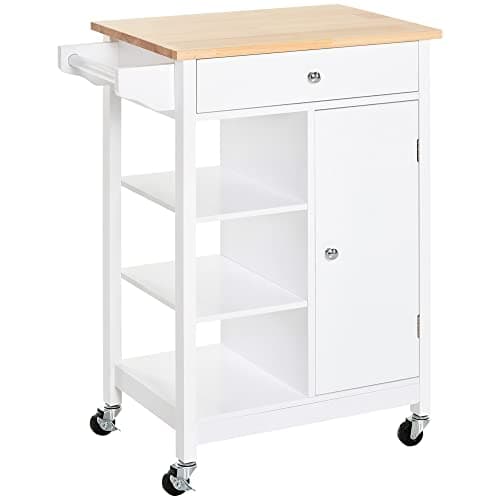 Image of HOMCOM Kitchen Trolley, Kitchen Island on Wheels, w/Wood Top, 3 Shelves and Storage Cupboard, White