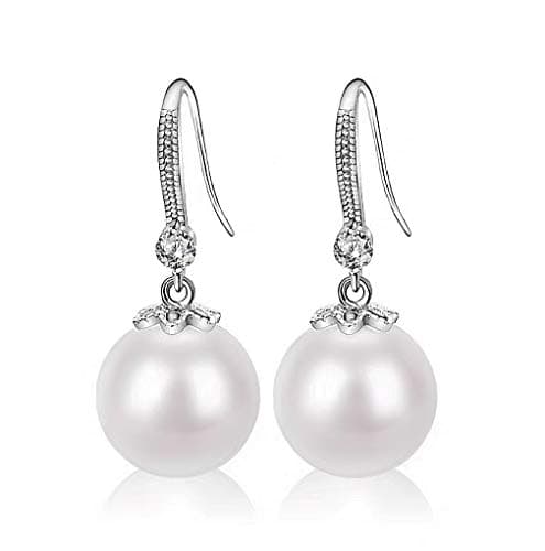 Image of YAXUN 925 Sterling Silver Pearl Earrings For Women with AAAAA Cubic Zirconia Crystal Diamond - 12mm Round White Pearl Dangle Drop Hook Earrings Fashion Jewellery Gifts