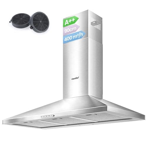Image of COMFEE' 90 cm Chimney Cooker Hood Class A++ Extractor Hood with LED and Recirculating & Ducting System Wall Mounted Range Hood 900 mm Extractor Fan kitchen with Carbon Filters