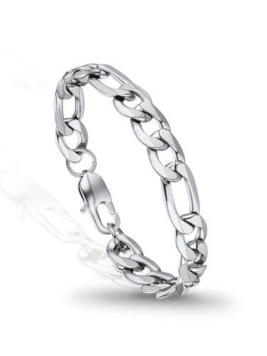 Image of PROSTEEL Mens Bracelet - Stylish Figaro Cuban Chain Wrist Link Bracelets Hypoallergenic 316L Stainless Steel Hip Hop Jewellery for Men Boys Silver 16CM Length 9MM Width (with Gift Box)