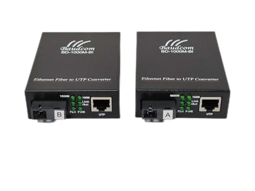 Image of BAUDCOM Single Fiber Gigabit Single Mode Fiber Media Converter, 10/100/1000M, 1000Base-FX to 10/100/1000Base-T, Built-in Fiber Module, SMF, 1310/1550nm, SC, 20km, 1 Pair