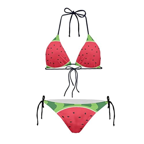 Image of Howilath Bikini Set of 2 for Summer Watermelon Fruit Print Funny Swimsuit, Swimwear Top & Tie Side Triangle Thong Bottom -M
