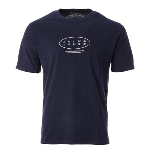 Image of JACK & JONES Mens Crew Neck T-Shirt – 100% Cotton Short Sleeve Casual Tee Top for Men, Navy Colour, UK Sizes - L