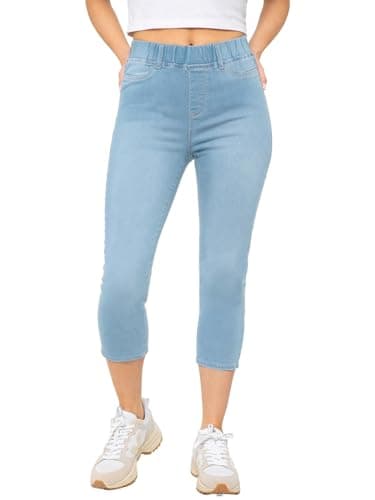 Image of 989Zé ENZO Crop Jeggings for Women Ladies Cropped Jeans Leggings Elasticated Waist Casual Cotton Skinny Fit Stretch Denim Trouser Three Quarter Length Summer Pants EZL688_Jeans Light Blue 16