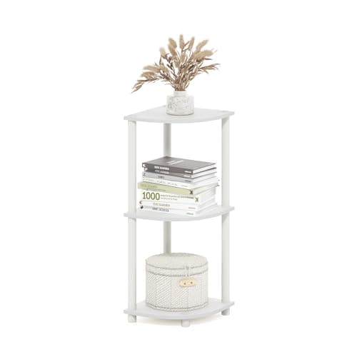 Image of Furinno TURN-N-TUBE Corner Shelf, 3-Tier Corner Bookshelf, Display Storage Shelves with Open Shelves, for Organization and Storage, Living Room, Home Office, Garage, White