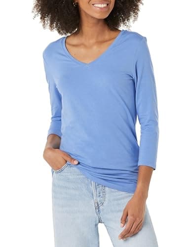 Image of Amazon Essentials Women's Regular-Fit 3/4 Sleeve V-Neck T-Shirt (Available in Plus Size), Blue, M