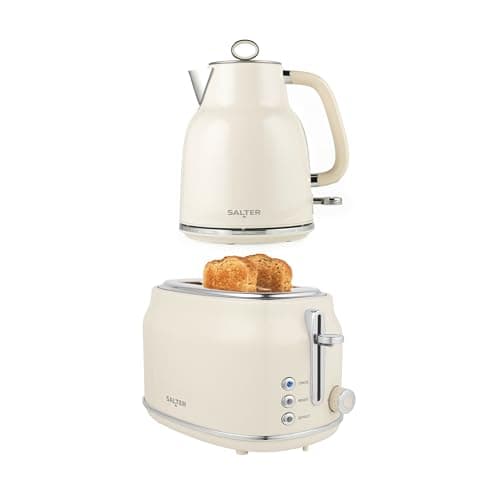 Image of Salter Retro Cream Kettle & Toaster Set – 1.7L 3KW Rapid Boil Cordless Kettle with Boil Dry Protection & Auto Shut-Off, 815W 2-Slice Wide Slot Toaster with 6 Browning Levels & Defrost/Reheat/Cancel