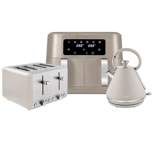 Image of Tower Cavaletto Kitchen Set, 1.7L Rapid Boil Kettle and 4 Slice Toaster and 8.5L Dual Basket Air Fryer, Latte and Chrome Accents T10044MSH, T20051MSH, T17137MSH