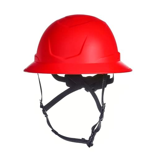 Image of MSA 10250599 V-Gard H2 Type 2 Wide Brim Safety Helmet, Comfortable Ratchet Suspension and Integrated Chin, Unvented, Standard Medium, Red