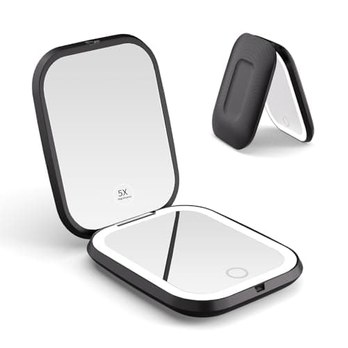 Image of WOBSION Compact Mirror with Light, 1X & 5X Magnification Travel Makeup Mirror for Handbag, USB-C Rechargeable Mirrors for Purse, Pocket, Dimmable LED, Portable, Gift for Women, Black
