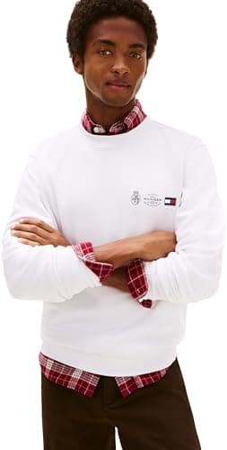 Image of Tommy Hilfiger Men’s Round Neck Small Crest Outline Sweatshirt, White (White), M