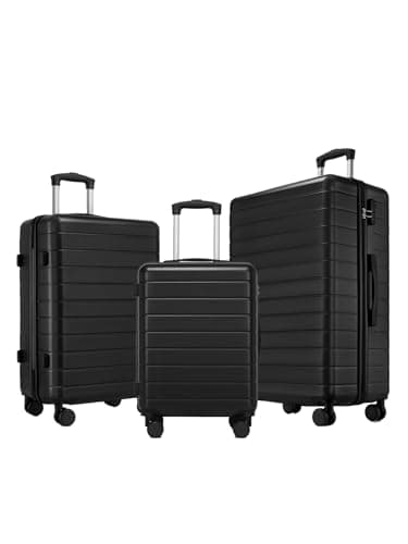 Image of Shavont 3 Piece Luggage Set for Family Travel, ABS Hard Shell Suitcases with Combination Lock, Telescopic Handle and 4 Spinner Wheels (Black)