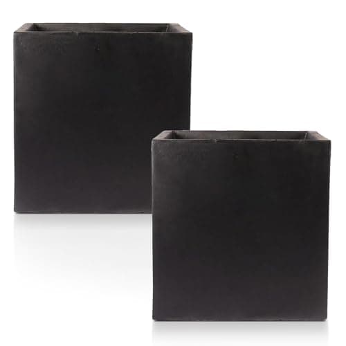 Image of IDEALIST 2 x 40cm Square Planter for Garden | Black Reinforced Stone Flower Pot Set with Drainage Holes L40 W40 H40 cm, 65 litres