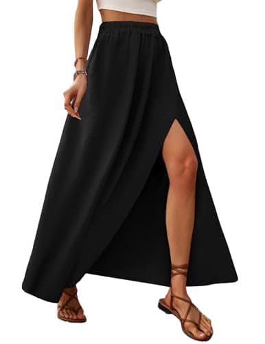 Image of Zeagoo Maxi Skirt for Women Summer A-Line Long Skirts Casual Elastic High Waist Skirt Solid Slit Flowy Beach Skirts Black XL