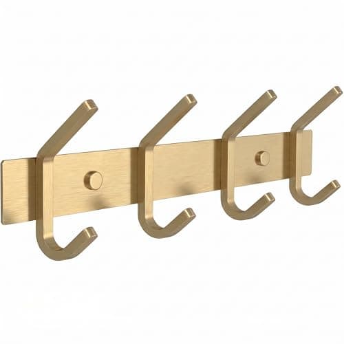 Image of SAYONEYES Brushed Gold Wall Mounted Coat Rack – 12 Inch Stainless Steel Rail with 4 Double Coat Hooks for Entryway, Bathroom, Bedroom, Kitchen – Modern Gold Hook Rack for Coats, Hats, Towels