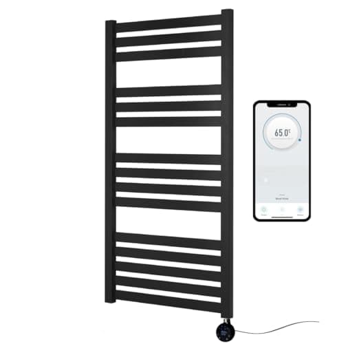 Image of Greened House Electric VAS Heated Towel Rail Black 500mm W x 1165mm H Smart WiFi Controlled Flat 7 Day Programmable Timer App Compatibility