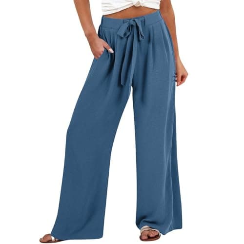 Image of Drawstring Trousers Women Dressy Wide Leg Tie Knot Loose Flowy Summer Beach Trouser Casual Plus Size Drawstring Waist Lightweight Slacks with Pockets Ladies Office Business Workwear Dark Blue
