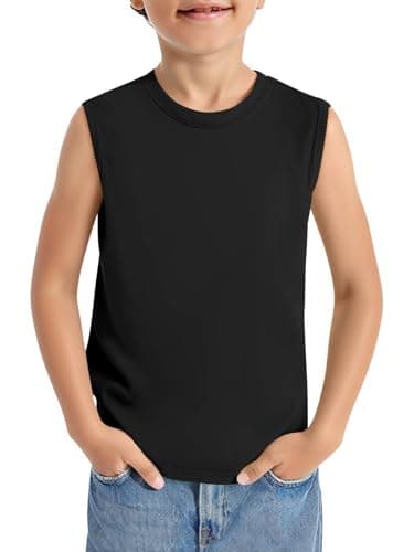 Image of Haloumoning Boys Tank Top Sleeveless Round Neck T-Shirt Summer Training Gym Sports Running Shirt Basic Solid Color Undershirts, Black, 9-10 Years