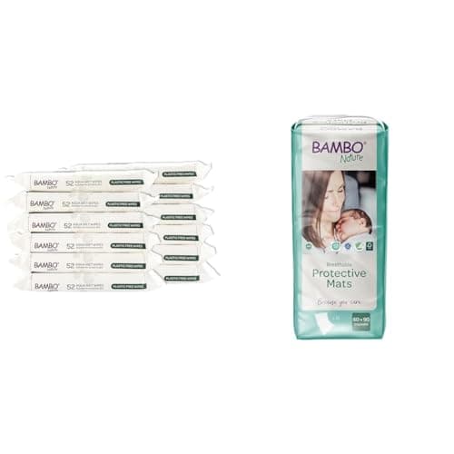 Image of Bambo Nature Aqua Wet Wipes, 12 Packs (624 Wipes), 99% Water, Sensitive Skin Safe, Extra Soft, Fragrance Free + Disposable Changing Mats, Size 60 x 90cm, Pack of 10, Absorbency of 2100ml